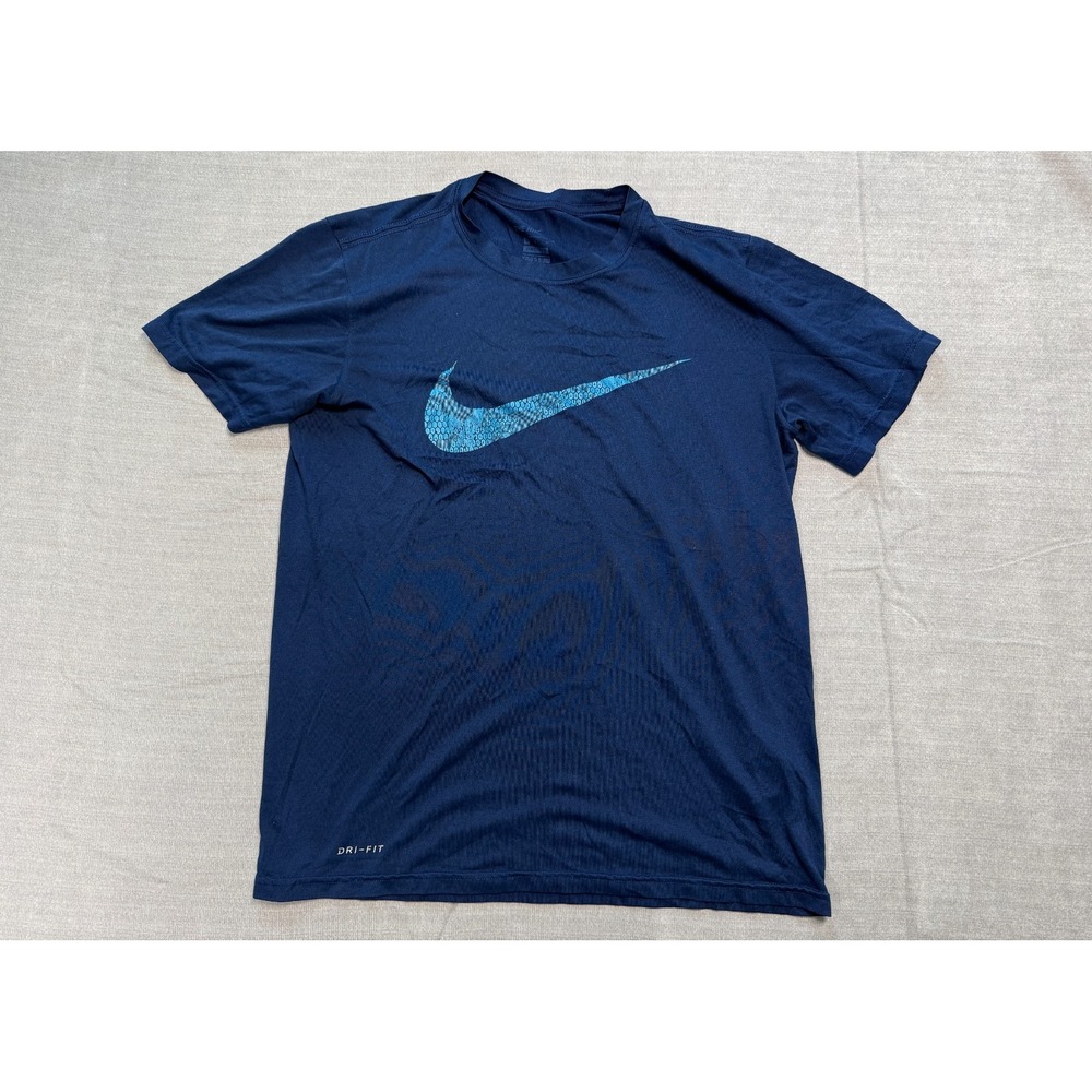 Nike Dri-Fit T-Shirt Men Medium Blue Swoosh Logo Short Sleeve Crew Neck Pullover